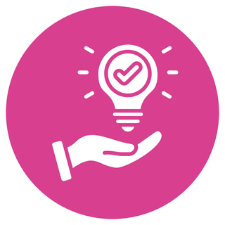 A white icon of a hand holding a lightbulb with a checkmark inside on a pink circular background.