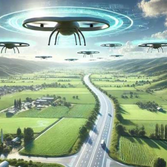 Multiple drones flying above a rural landscape with a road and fields below, illustrating a futuristic aerial transport network.