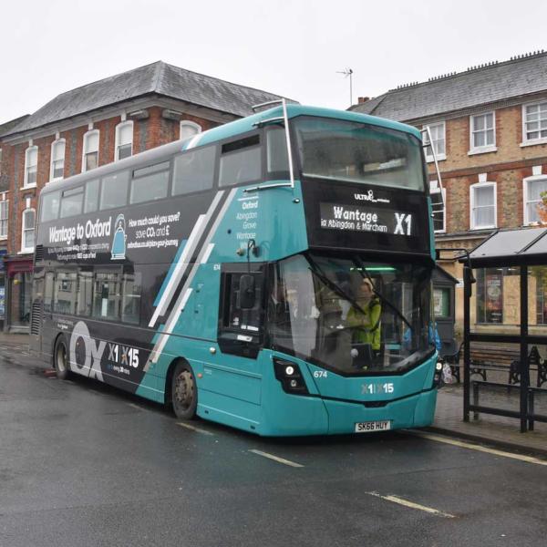 the X1 Wantage double decker bus at a bus stop